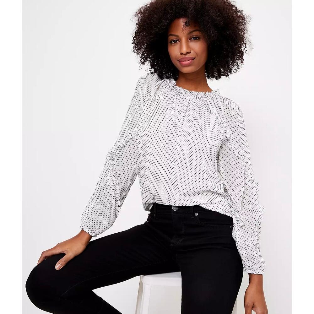 LOFT Ruffle Polka Dot Sheer Blouse, White Black, Romantic Feminine Workwear